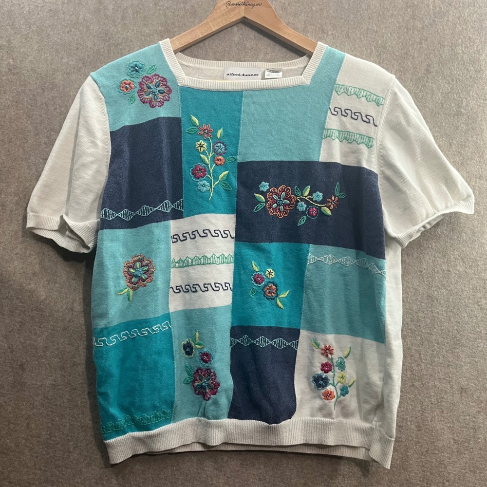 Vtg Alfred Dunner Patchwork Sweater Women XL Floral Embroidered Short‎ Sleeve